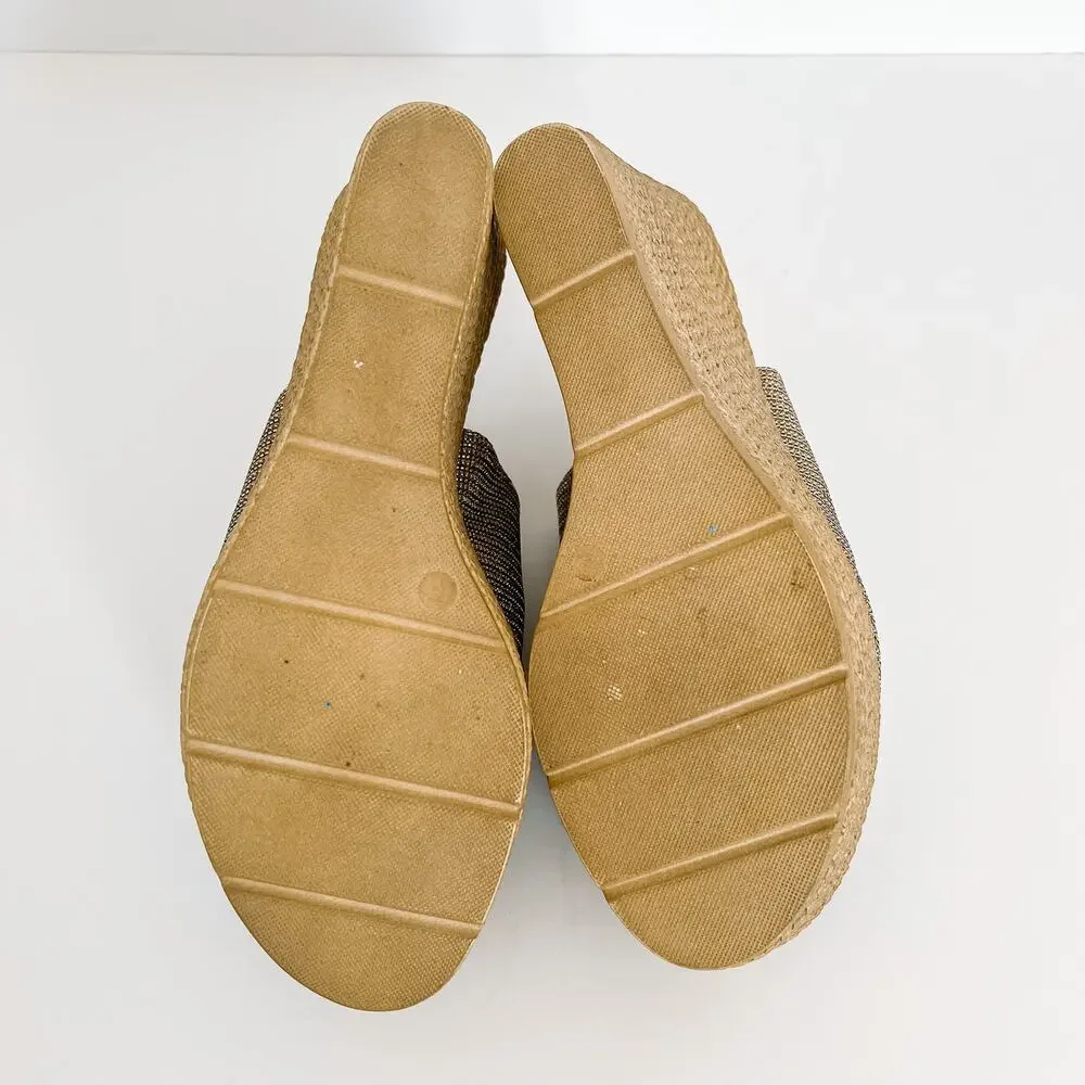 Seychelles Metallic Gold Basketweave Wedge Slide Sandals 9.5 4 Inch Heel y2k